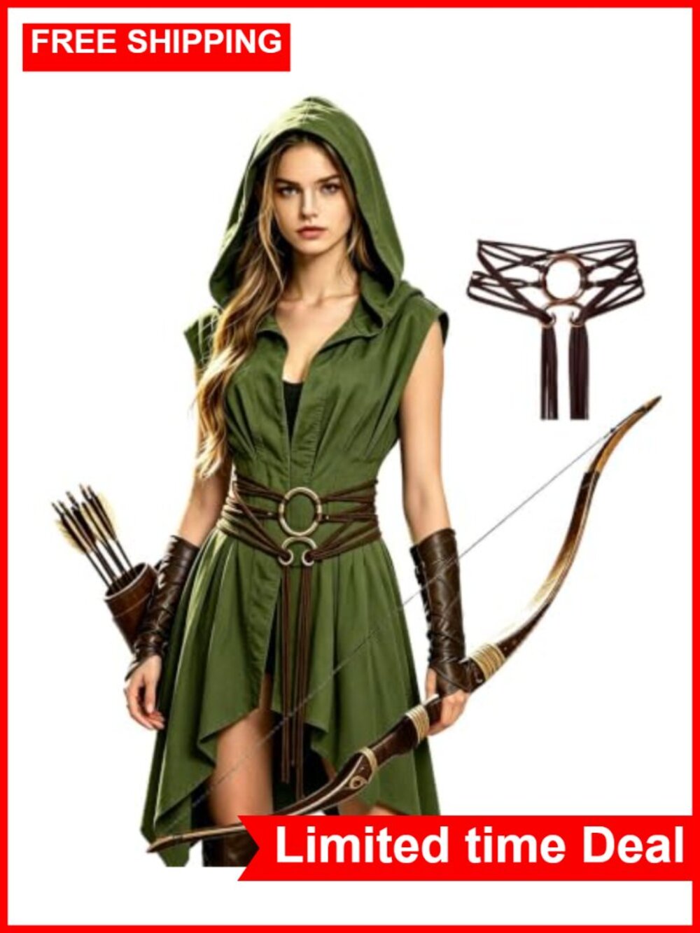 Medieval Hooded Surcoat Sleeveless Viking Tunic with O-Ring Belt